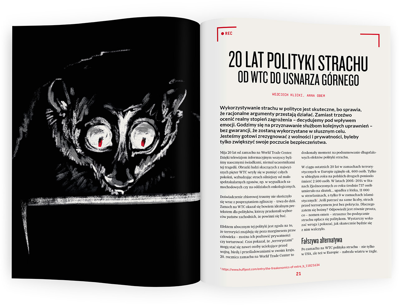 projekt reportażu o wykorzystaniu strachu do zwiększania inwigilacji do broszury Fundacji Panoptykon, z ręcznie malowaną ilustracją przestraszonego zwierzęcia wpatrzonego w ekran laptopa