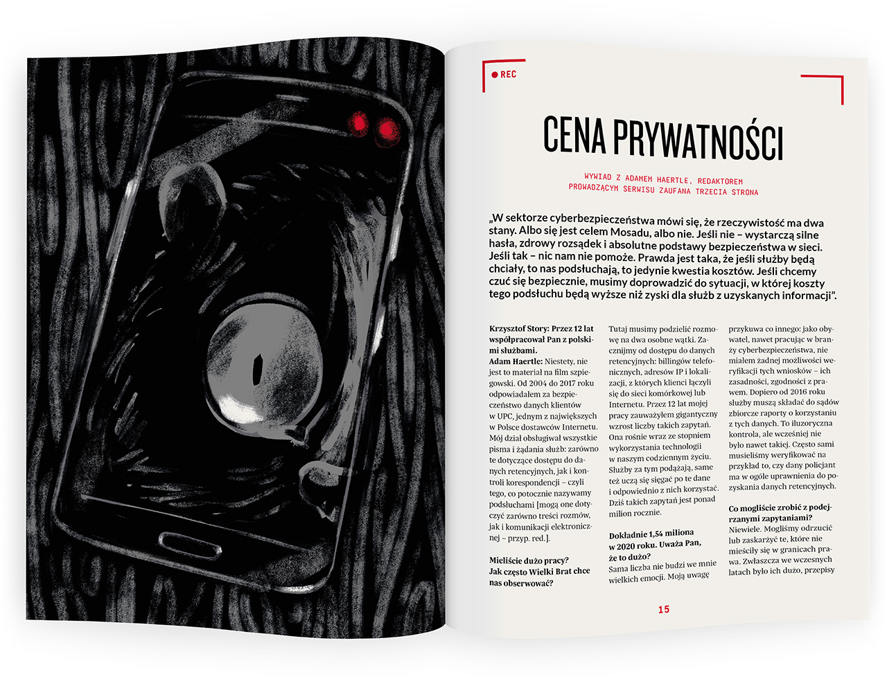 projekt wywiadu o bezpieczeństwie w sieci do broszury Fundacji Panoptykon o inwigilacji, z ręcznie malowaną ilustracją odbicia twarzy zwierzęcia w ciemnym ekranie smartfona