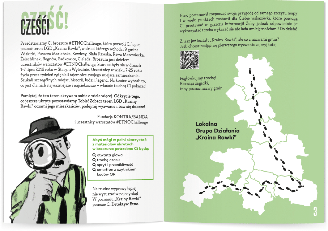 projekt wstępu broszury etnograficznej dla młodzieży i dzieci z ilustracją postaci detektywa i mapką