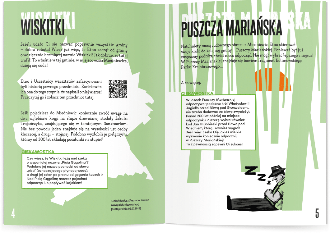 projekt stron broszury etnograficznej dla młodzieży i dzieci z ilustracją postaci detektywa w lesie
