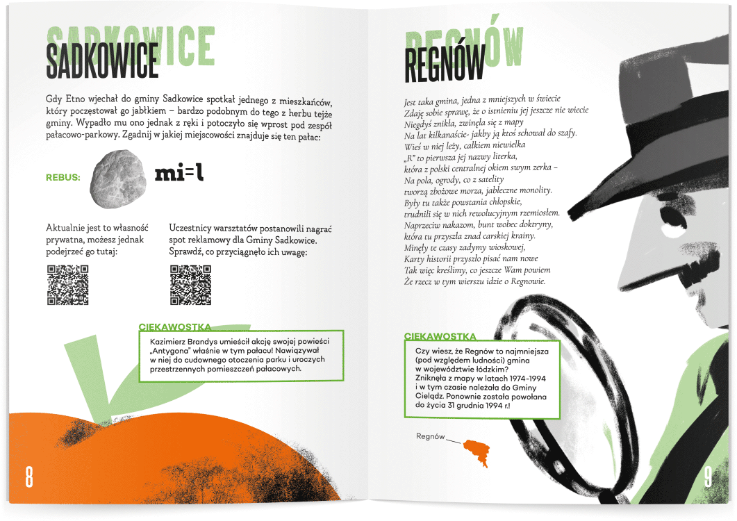 projekt stron broszury etnograficznej dla młodzieży i dzieci z grafikami postaci detektywa i jabłka