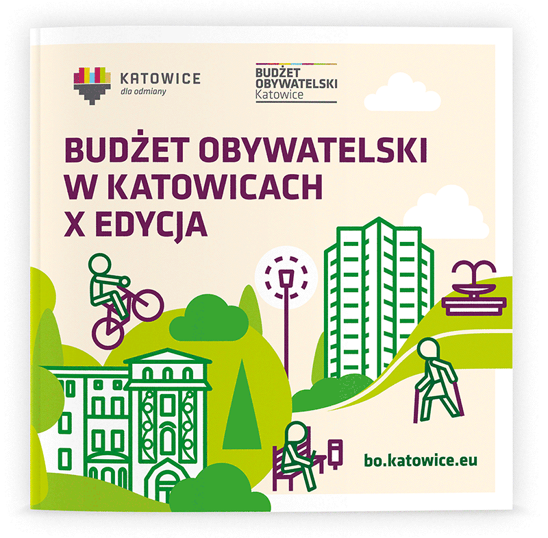 Projekt okładki broszury informatora o Budżecie Obywatelskim i Zielonym Budżecie Miasta Katowice, z linearną nowoczesną ilustracją