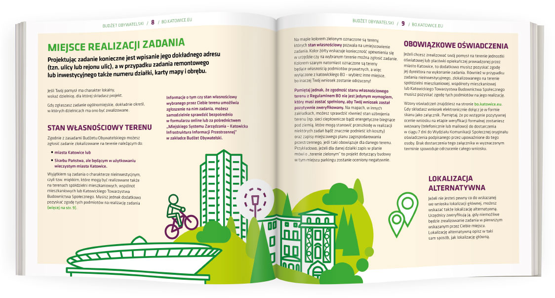 Projekt rozkładówki broszury informatora o Budżecie Obywatelskim i Zielonym Budżecie Miasta Katowice, z linearną nowoczesną ilustracją