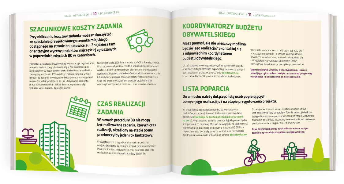 Projekt rozkładówki broszury informatora o Budżecie Obywatelskim i Zielonym Budżecie Miasta Katowice, z linearnymi nowoczesnymi ilustracjami i dopracowanym składem dtp