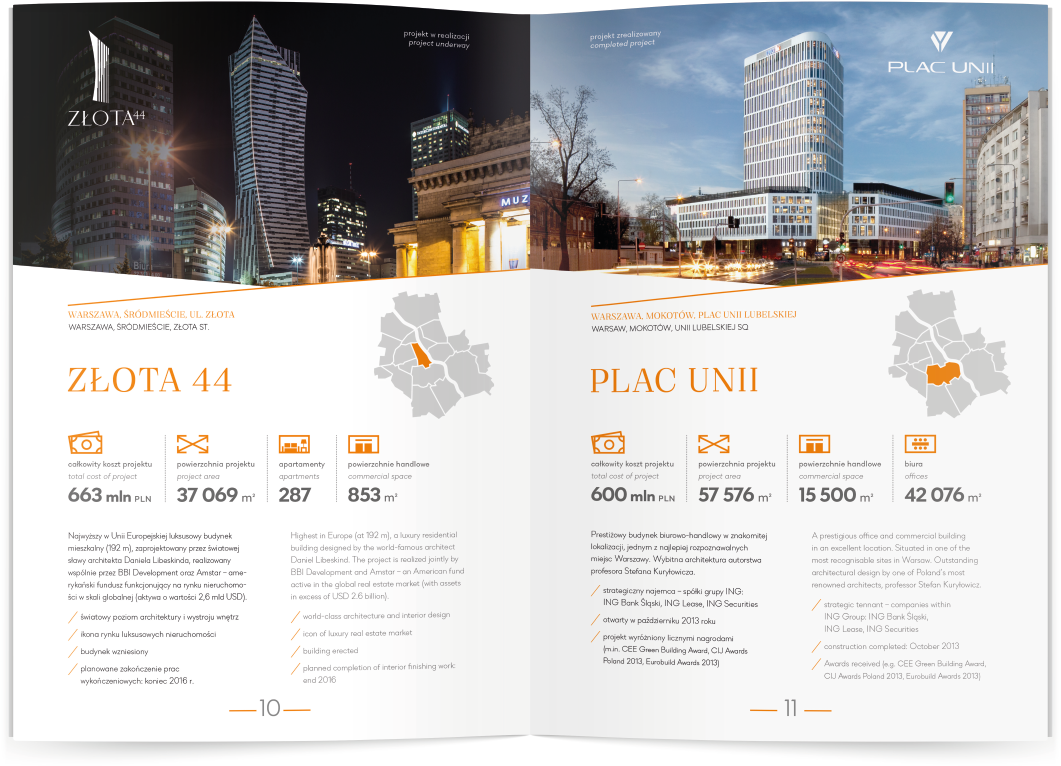 prezentacja budynków, opis, mapka i piktogramy w stylowej publikacji