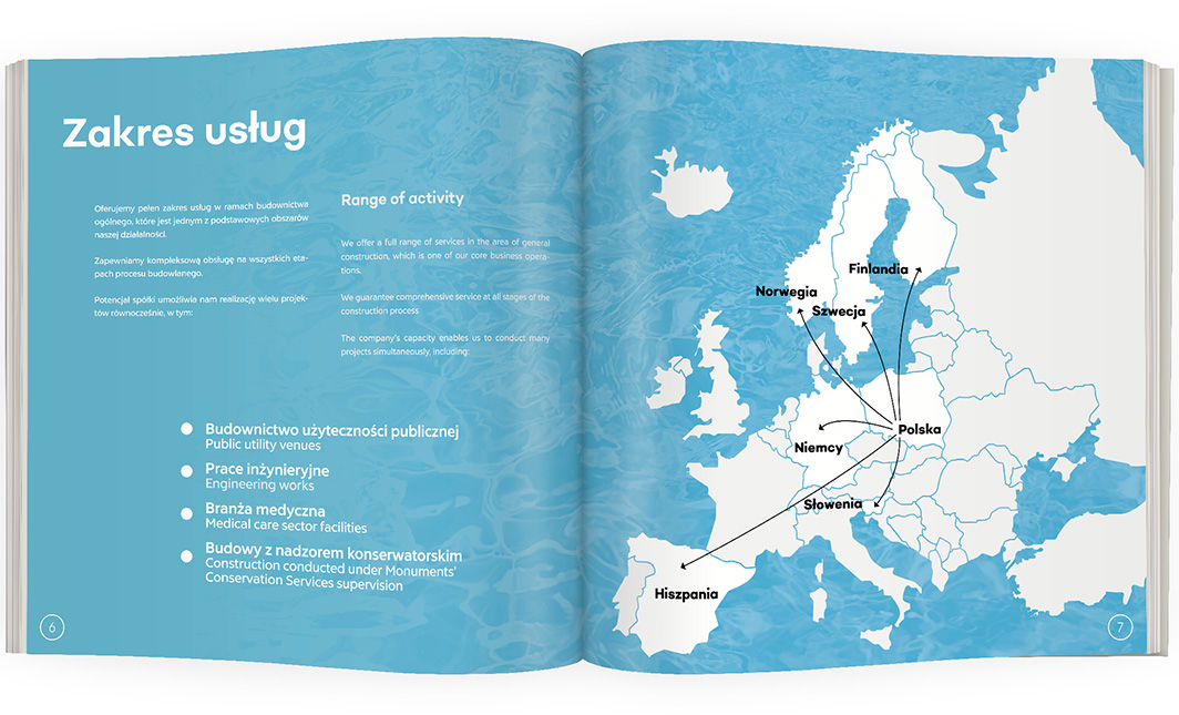 Projekt katalogu portfolio firmy budowlanej Wodpol z mapą zakresu usług