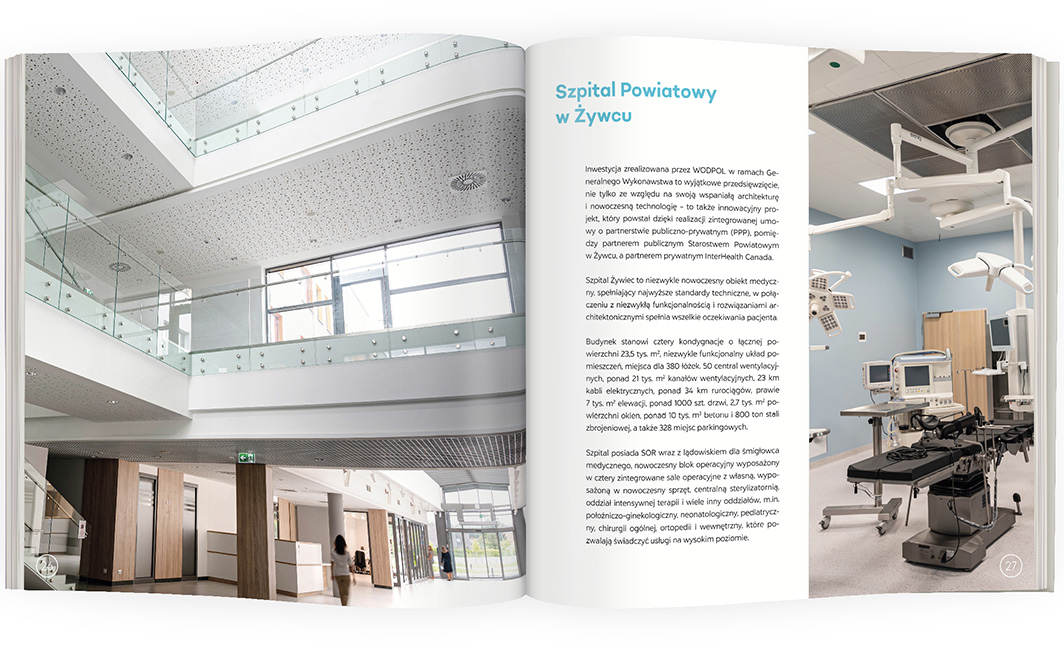 Projekt katalogu portfolio firmy budowlanej Wodpol z realizacją Szpital Powiatowy w Żywcu
